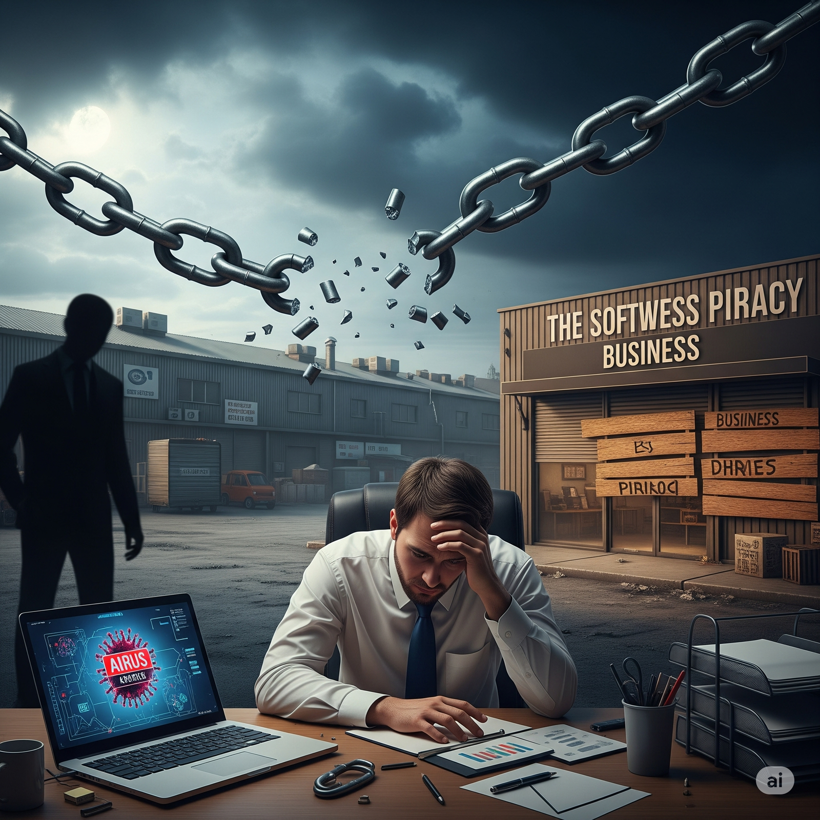 Ilustración sobre los riesgos de la piratería de software